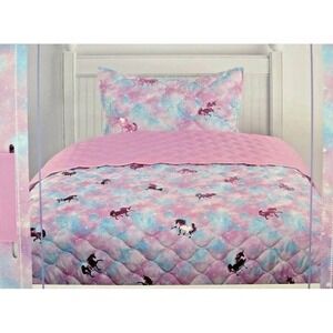 Kids Rule Unicorn 2 Piece Twin Quilt Set Pink Blue Tie Dye Galaxy Metallic